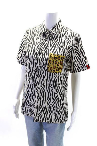 R13 Japanese Fabric Womens Cotton Animal Print Patchwork Button Top White Size S