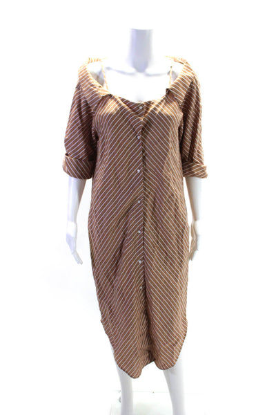 Maje Womens Striped Print Collared Cold Shoulder Buttoned Dress Brown Size L