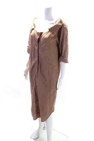 Maje Womens Striped Print Collared Cold Shoulder Buttoned Dress Brown Size L