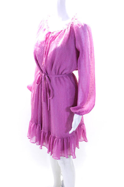 Donna Morgan Womens Long Sleeve V Neck Ruffle Belted Shift Dress Pink Size 14