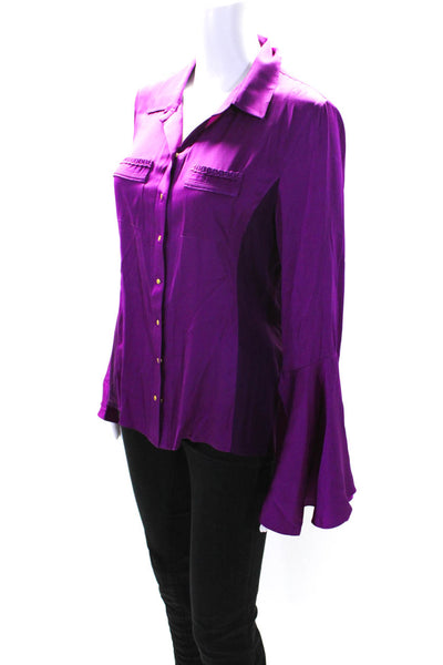 Elie Tahari Womens Colorblock Collared Flare Sleeve Button Blouse Purple Size M