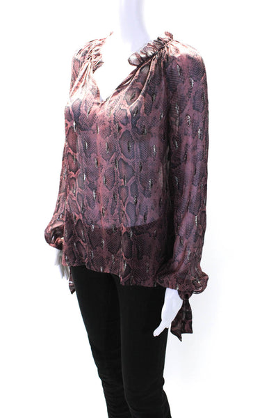 Rebecca Taylor Womens Silk Animal Print Ruched Long Sleeve Blouse Purple Size 12