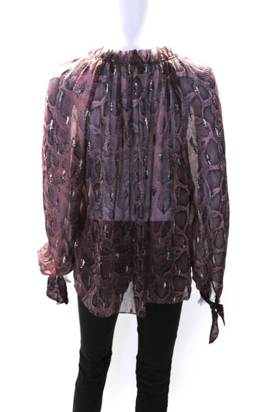 Rebecca Taylor Womens Silk Animal Print Ruched Long Sleeve Blouse Purple Size 12