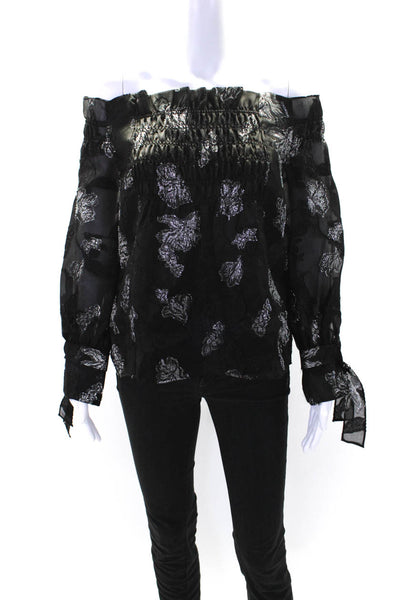 Rebecca Taylor Womens Silk Metallic Floral Print Ruched Blouse Black Size 4