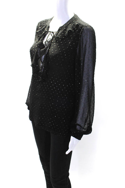 Paige Womens V-Neck Ruffled Spotted Textured Long Sleeve Blouse Black Size S