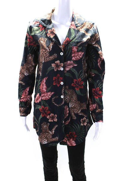 Desmond & Dempsey Womens Button Front Leopard Floral Shirt Navy Blue Size XS