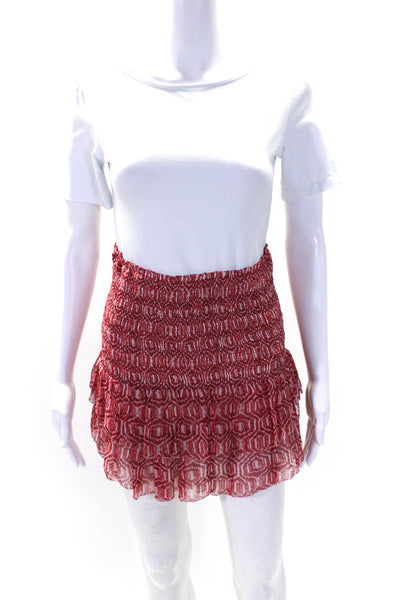 Etoile Isabel Marant Womens Smocked Tiered Abstract Mini Dress Red White FR 38