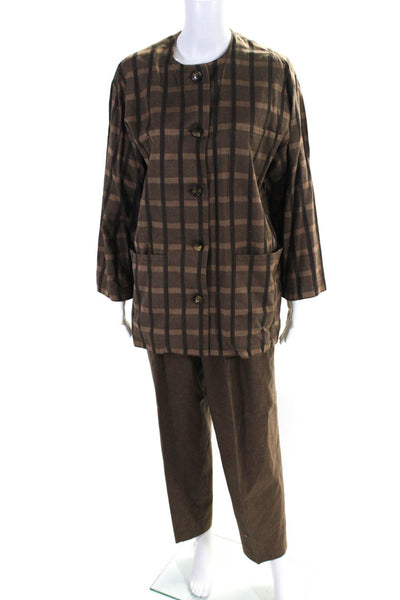 Guy Laroche Womens Brown Plaid Long Sleeve Button Down Shirt Pants Set Size 42