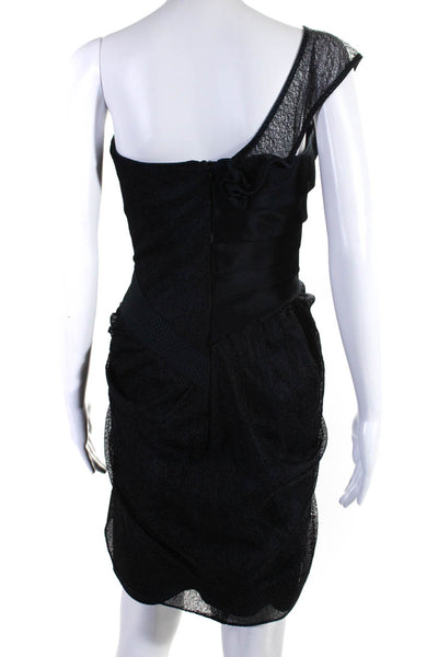 Alex Teih Womens Silk Pleated Sleeveless One Shoulder Mini Dress Navy Size 8