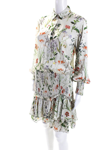 Alexis Womens Satin Floral Printed Button Up Smocked A-Line Dress White Size XS