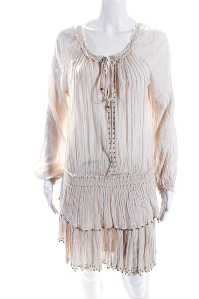 Love Shack Fancy Womens Cotton Beaded V-Neck Ruffled A-Line Dress Beige Size S