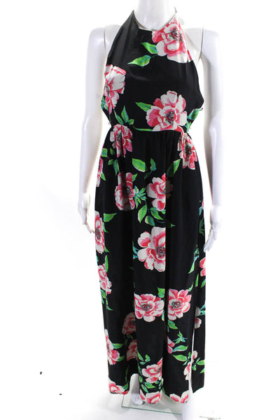 Yumi Kim Womens Open Back Floral Halter Maxi Dress Black Pink Green Silk Size XS