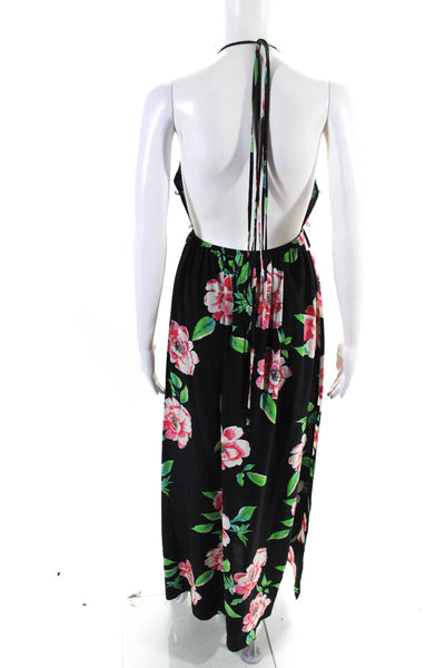 Yumi Kim Womens Open Back Floral Halter Maxi Dress Black Pink Green Silk Size XS