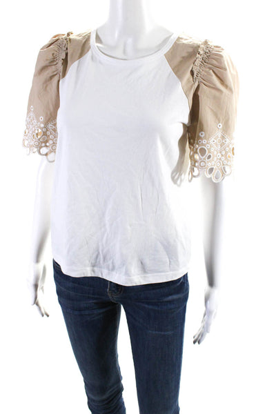 Veronica Beard Womens Embroidered Eyelet Raglan Tee Shirt Top Beige White XS