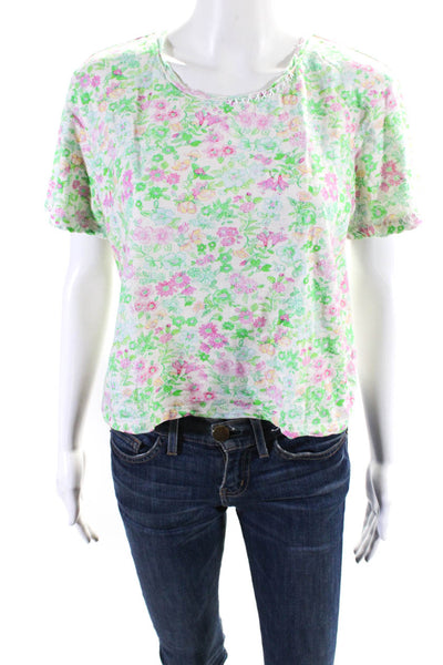 Love Shack Fancy Womens Short Sleeve Floral Boxy Tee Shirt Pink Green Size XS