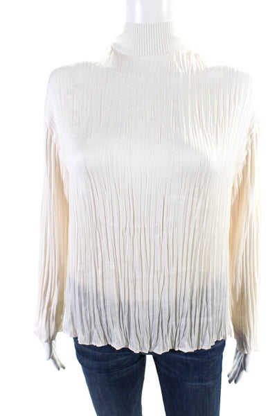 Vince Womens Pleated Satin Knit Turtleneck Long Sleeve Top Blouse Beige Size XS