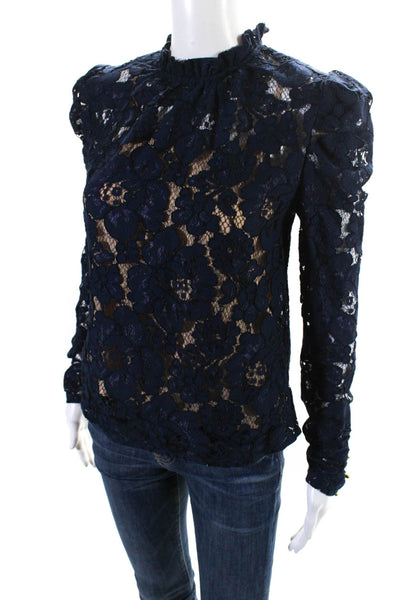 Wayf Womens Frill Neck Tie Back Long Sleeve Lace Top Blouse Navy Blue Size XS