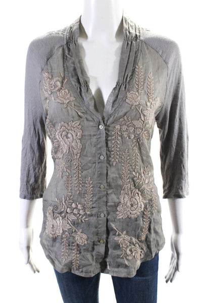 Tiny Women's 3/4 Sleeves Button Down Embroidered Blouse Gray Size M
