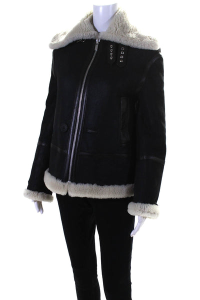 Tasha Tarno Womens Leather Collared Two Pocket Zip Up Coat Black Size M