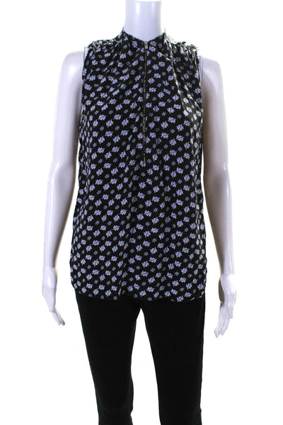 Sandro Womens Front Zip V Neck Sleeveless Top Blouse Black Blue Silk Size 3