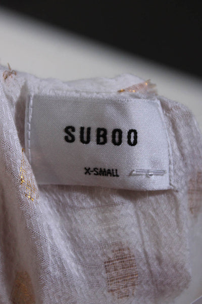 Suboo Womens White Gold Detail V-neck Smocked Long Sleeve Shift Dress Size XS
