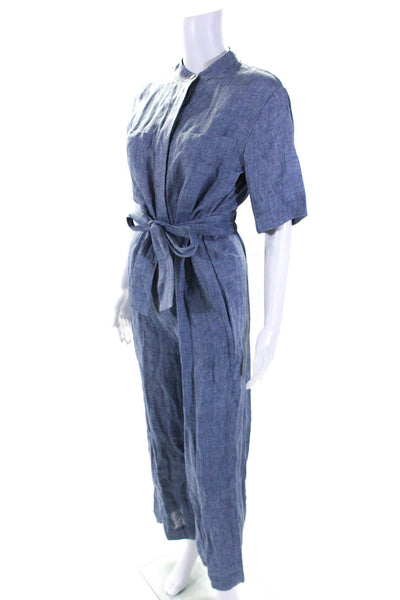 Theory Womens Cotton Blend Belted Short Sleeve Button Up Jumpsuit Blue Size 2