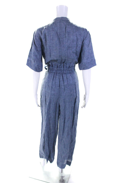 Theory Womens Cotton Blend Belted Short Sleeve Button Up Jumpsuit Blue Size 2