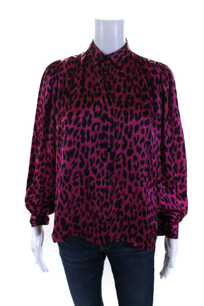 Maje Womens Button Up Long Sleeve Collared Silk Leopard Shirt Pink Black Size 0