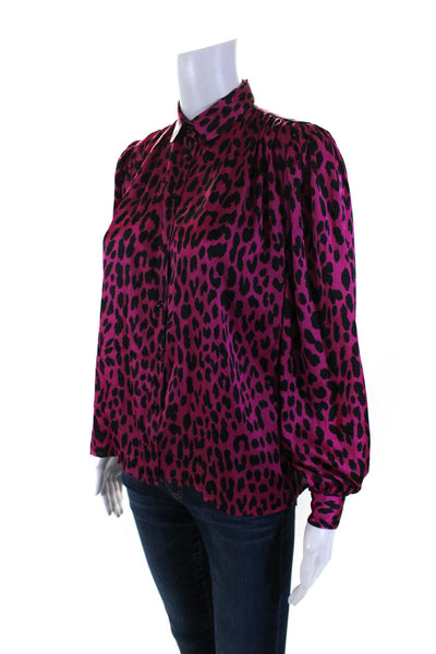 Maje Womens Button Up Long Sleeve Collared Silk Leopard Shirt Pink Black Size 0