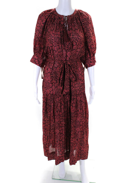 Ulla Johnson Womens Red Cotton Printed V-Neck Short Sleeve Shift Dress Size L