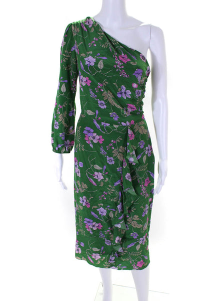 Shoshanna Womens Green Floral Ruffle One Shoulder Long Sleeve Shift Dress Size S