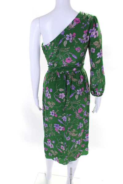 Shoshanna Womens Green Floral Ruffle One Shoulder Long Sleeve Shift Dress Size S