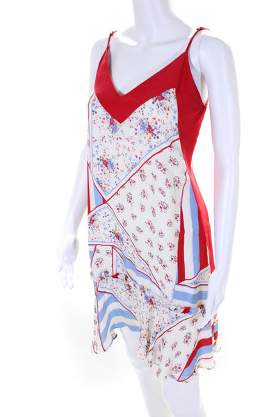 Parker Womens White Multi Floral Ruffle V-Neck Sleeveless A-Line Dress Size S