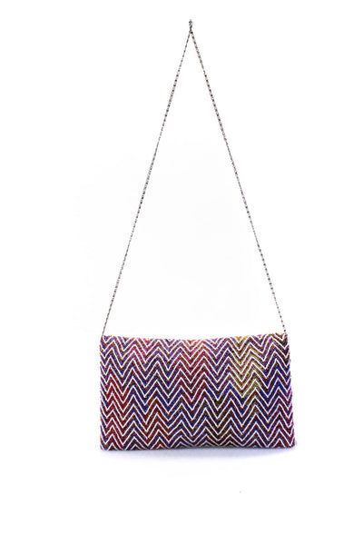 Moyna Womens Embroidered Beaded Stripe Print Snap Buttoned Clutch Handbag Purple