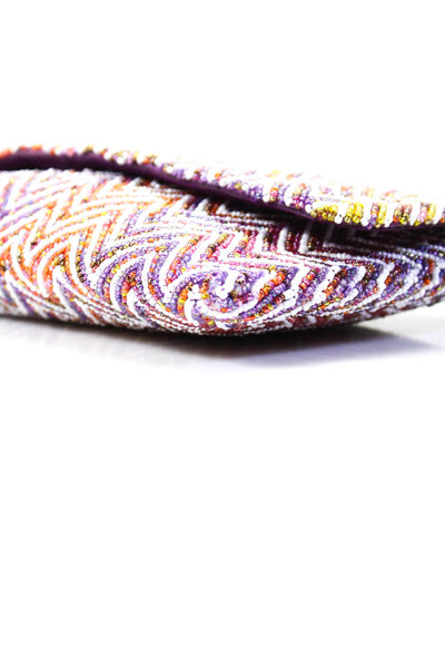 Moyna Womens Embroidered Beaded Stripe Print Snap Buttoned Clutch Handbag Purple