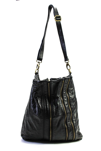 Hype Womens Leather Gold Tone Zipper Trim Foldover Shoulder Bag Black