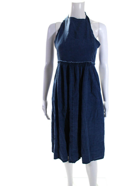 Wilfred Women's Halter Neck Pockets Flare Mini Denim Dress Size 0