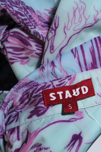 Staud Women's Collared Short Sleeves Button Down Slit Hem Shirt Blue Size S