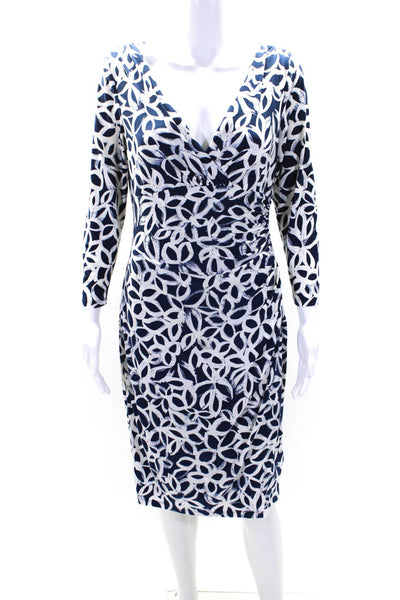 Lauren Ralph Lauren Womens 3/4 Sleeve V Neck Printed Dress Blue White Size 6