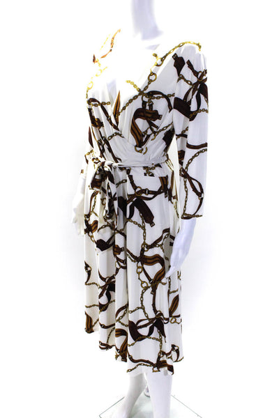 Lauren Ralph Lauren Womens 3/4 Sleeve V Neck Chain Print Dress White Brown 10