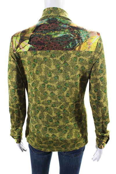 Muchacha Womens Peacock Print Long Sleeve Button Down Blouse Gold Size L