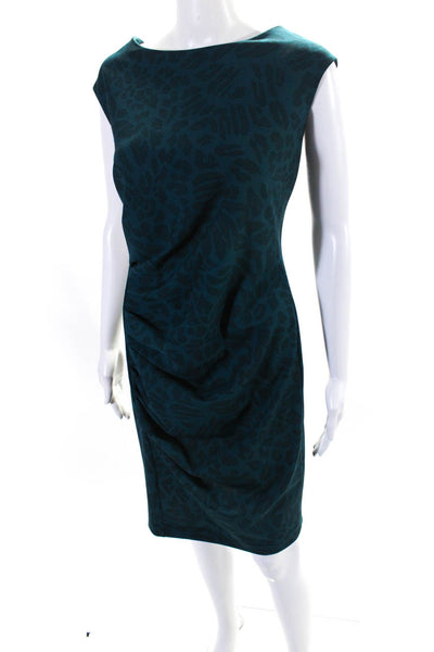 DKNY Womens Animal Print Sleeveless Gathered Sheath Dress Teal Size 14