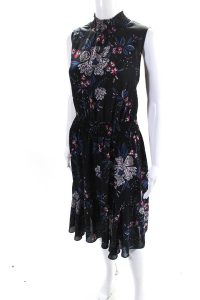 Nanette Lepore Womens High Neck Floral Smocked Ruffle Trim Dress Black Size 12