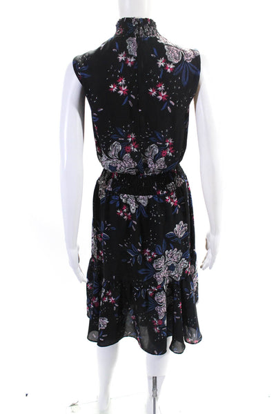Nanette Lepore Womens High Neck Floral Smocked Ruffle Trim Dress Black Size 12