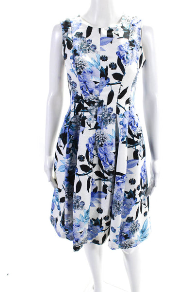 Eliza J Womens Floral Print Pleated Sleeveless A Line Dress White Blue Size 2