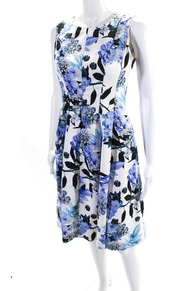 Eliza J Womens Floral Print Pleated Sleeveless A Line Dress White Blue Size 2
