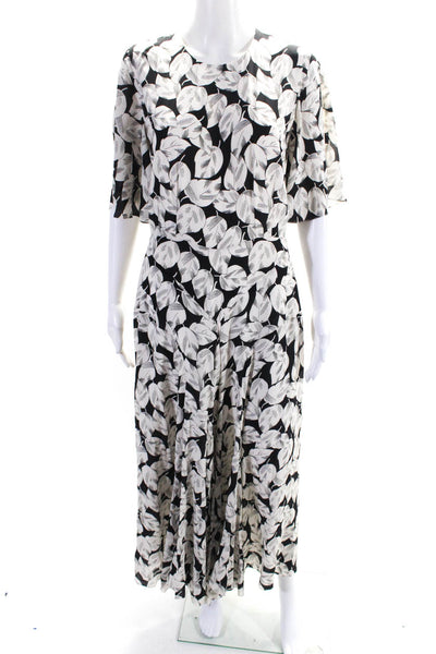 Raey Womens Silk Leaf Print Short Sleeve A Line Maxi Dress Black White Size 12