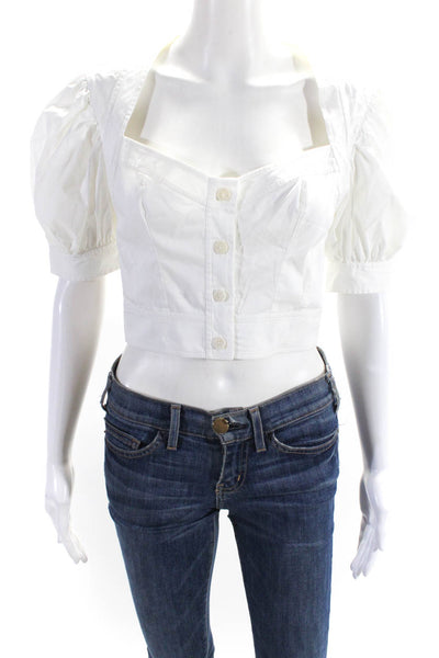 Staud Women's V-Neck Short Sleeves Button Up Cropped Top White Size 4