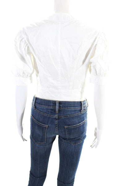 Staud Women's V-Neck Short Sleeves Button Up Cropped Top White Size 4