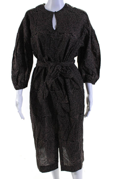 Mirth Womens Black Brown Cotton Printed V-Neck Long Sleeve Shift Dress Size S